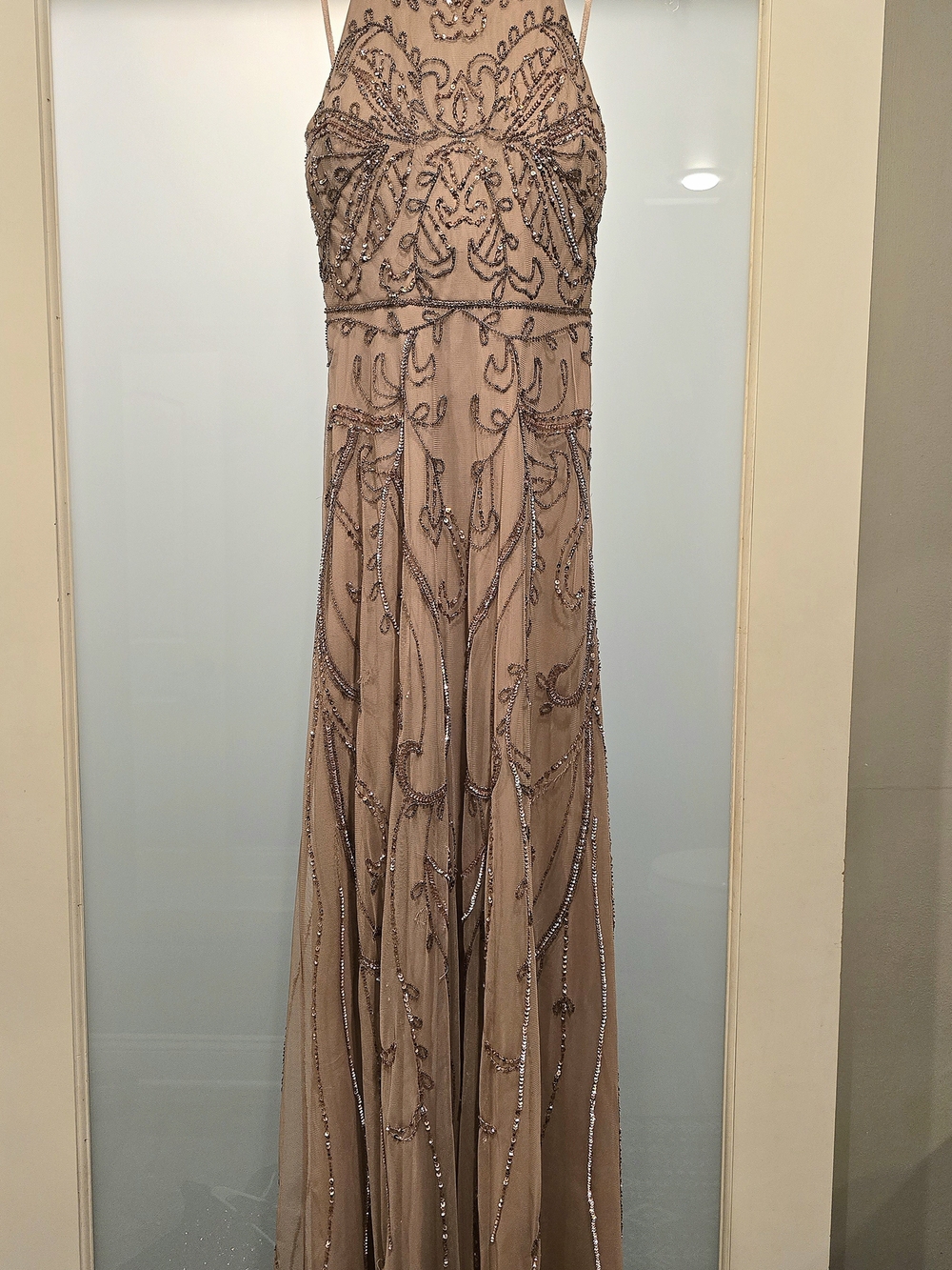 Adrianna Papell Champagne-Beaded Maxi Evening Gown